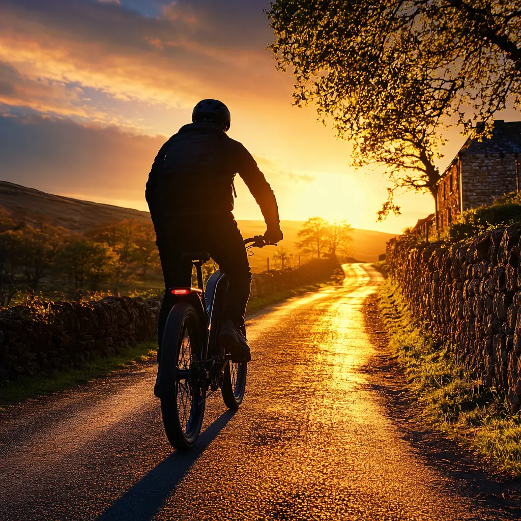 Silhouette of an older rider enjoying an electric bike on a bright country lane