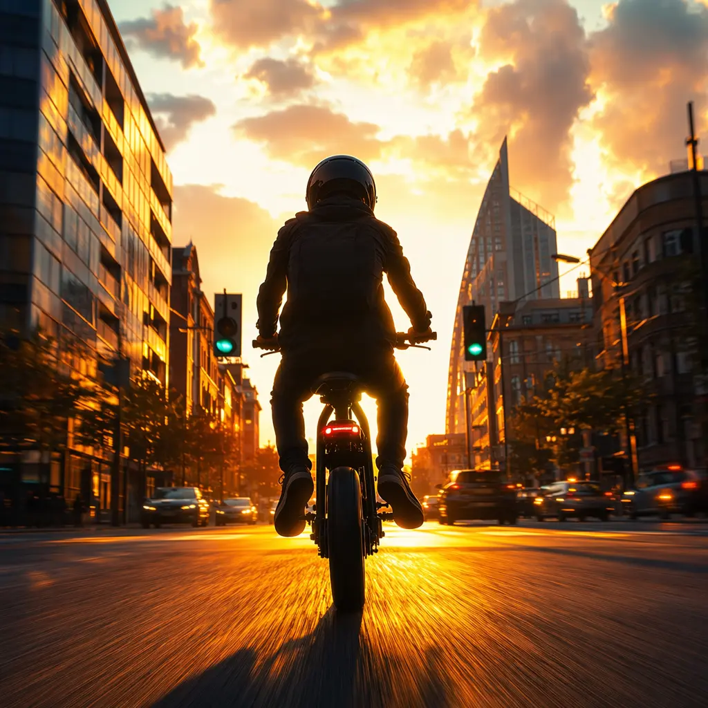 Rider on an electric bike pulling away quickly at city traffic lights in warm golden-hour light