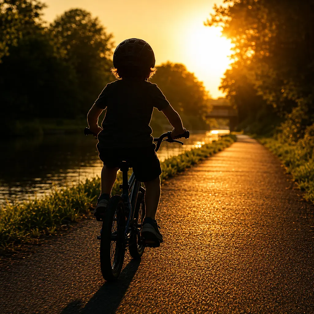 A child riding a lightweight kids’ bike at golden hour on a canal towpath