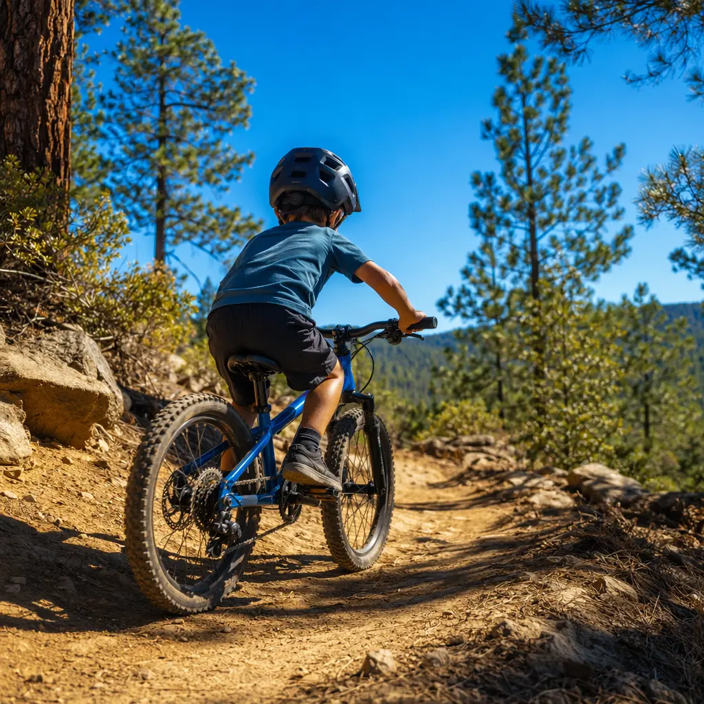 Kids mountain-style bike on a sunny woodland trail with strong summer light
