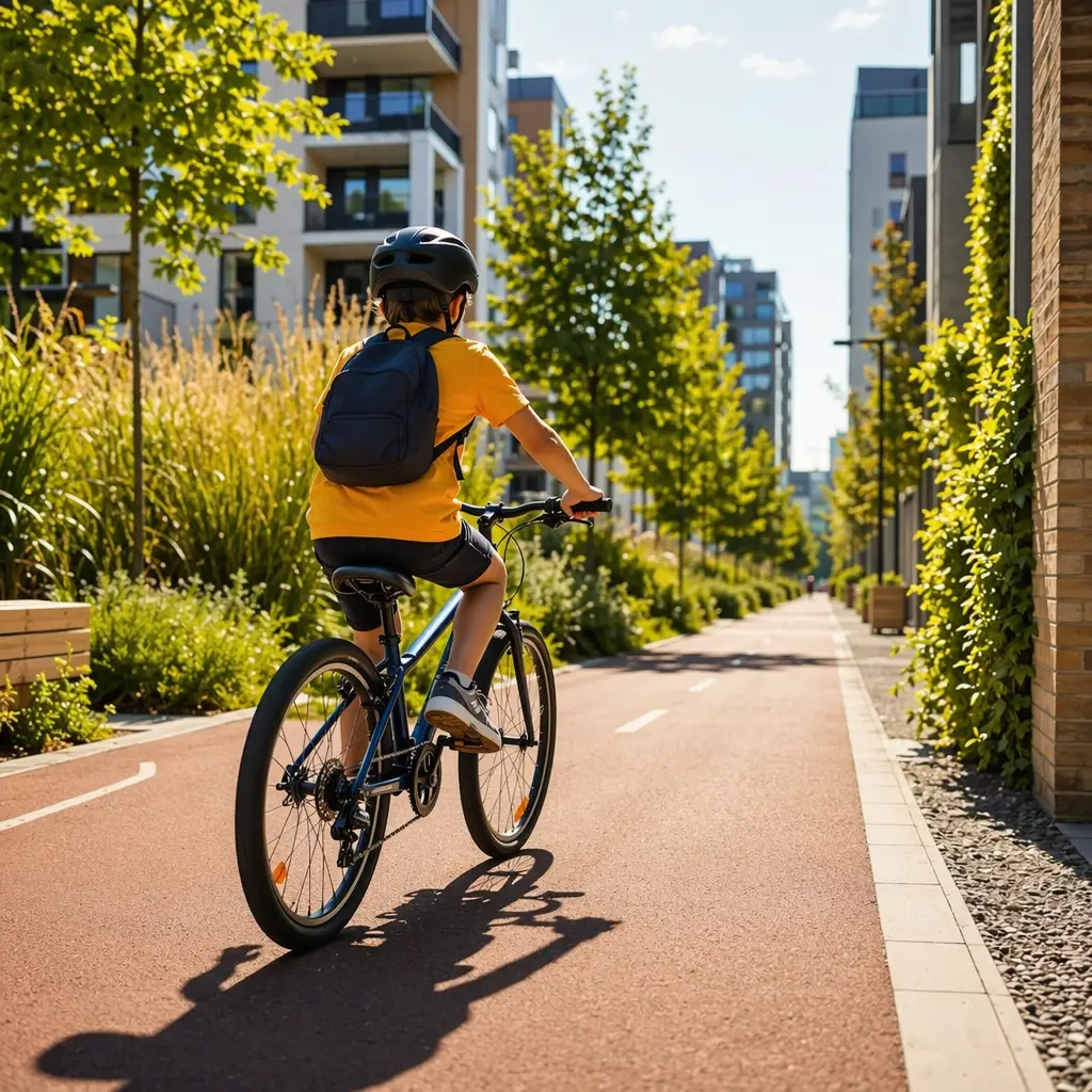 Kids hybrid-style bike riding along a bright, sunlit cycle path