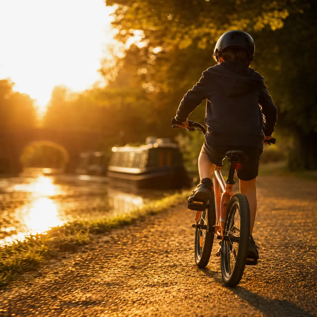 Lightweight kids bike being ridden along a canal towpath in warm golden-hour light