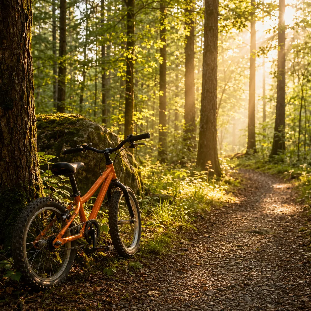 A child-sized bike resting beside a woodland trail in warm morning light