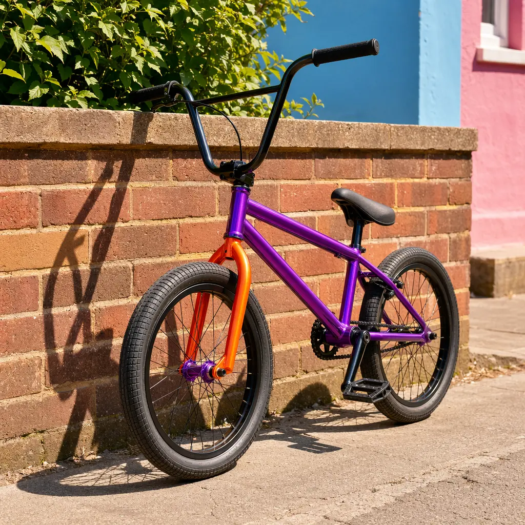 A kids’ bike leaning against a wall on a bright, sunny street