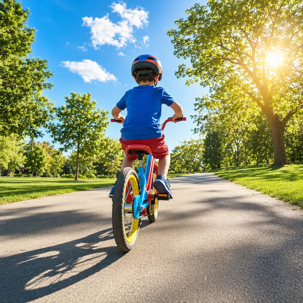 A child riding a colourful bike along a sunny park path, seen from behind