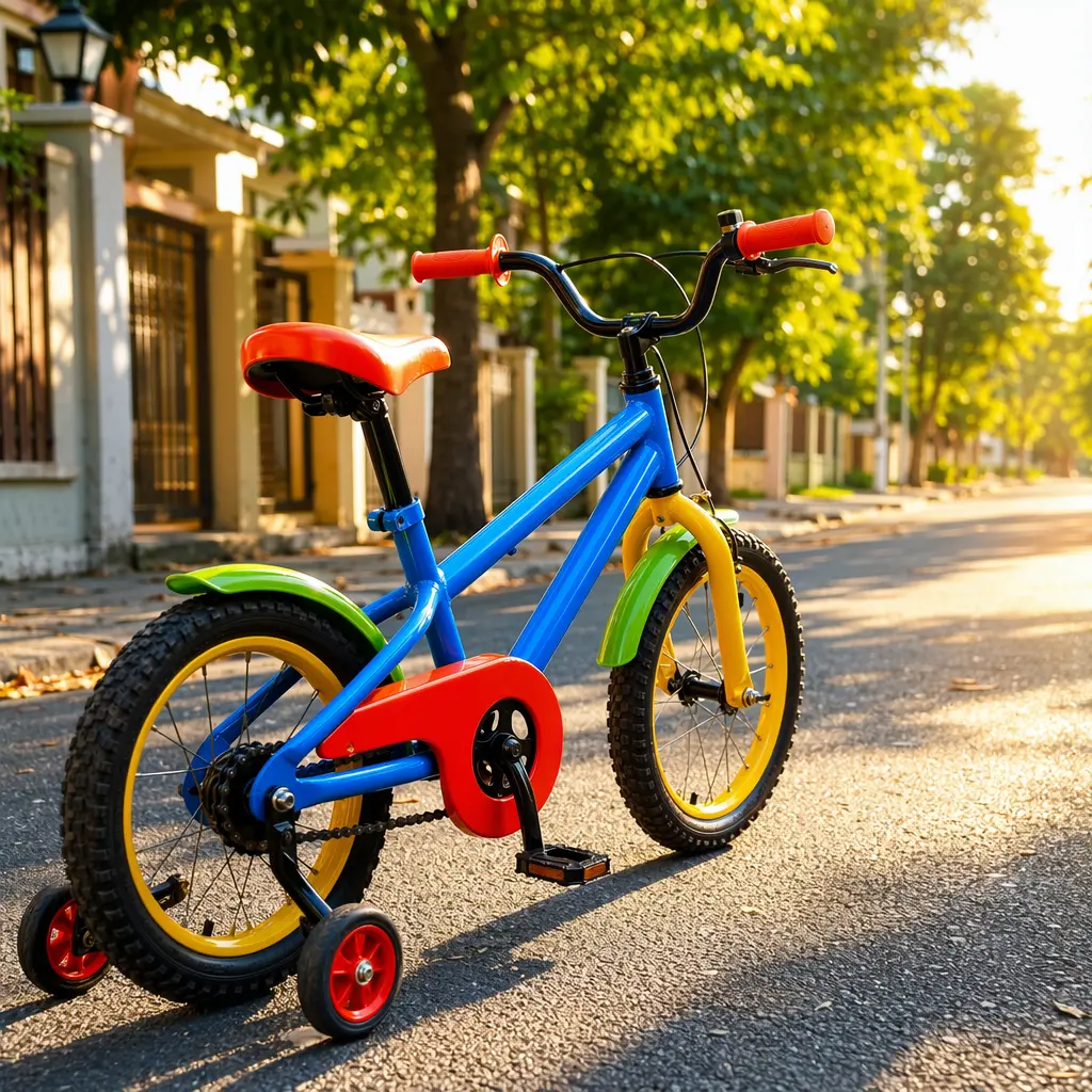 A colourful kids’ bike in bright sunshine on a quiet street