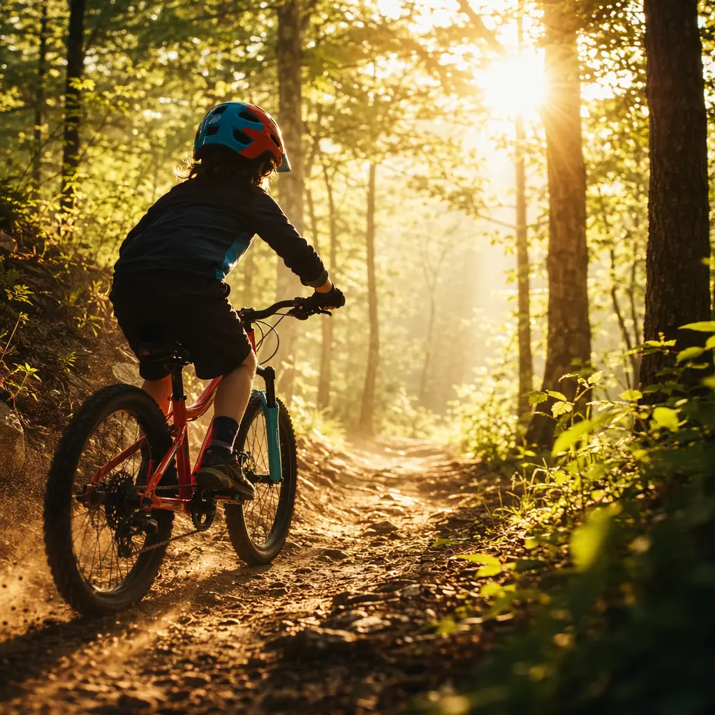A child riding confidently on a woodland trail in warm morning light