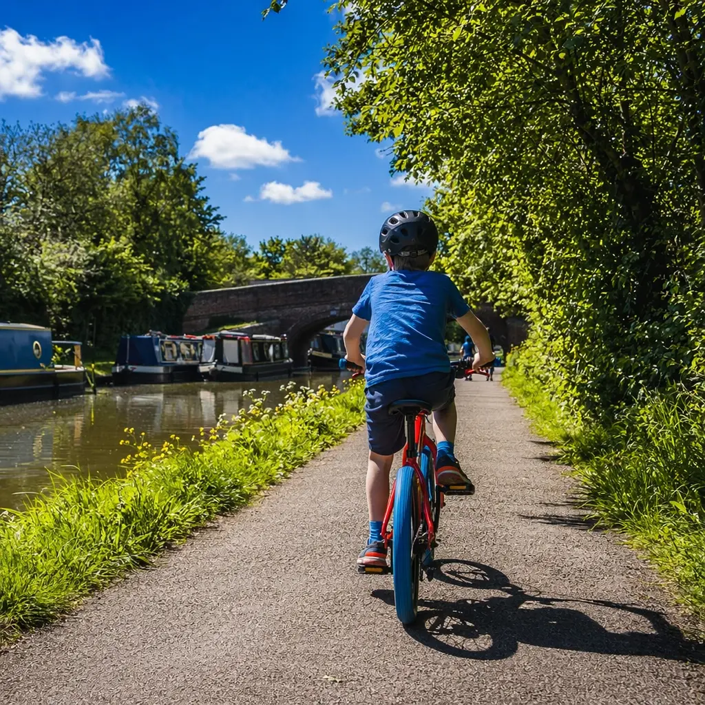 A confident child cyclist riding along a sunny canal path, seen from behind
