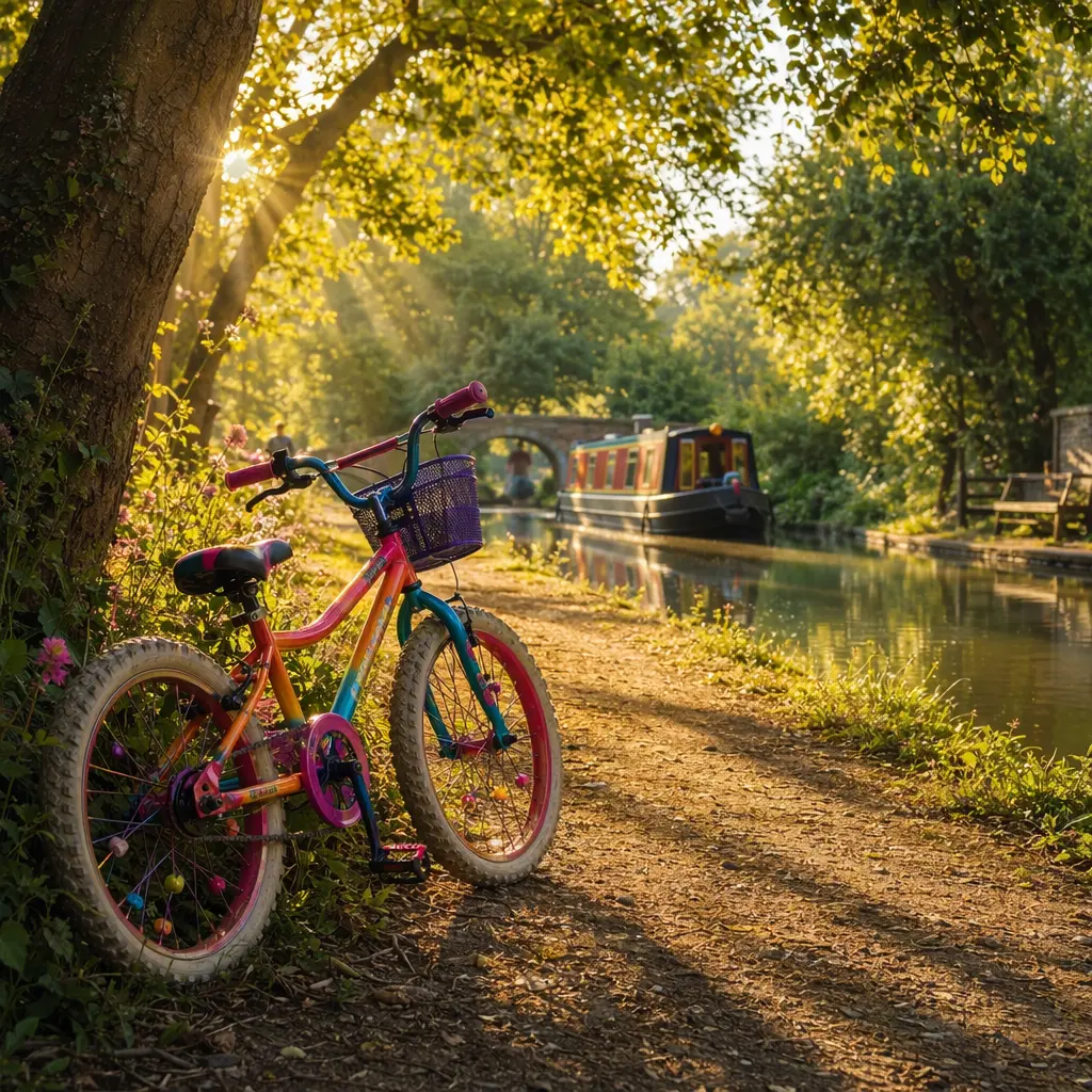 A children’s bike beside a canal towpath in warm morning sunlight.