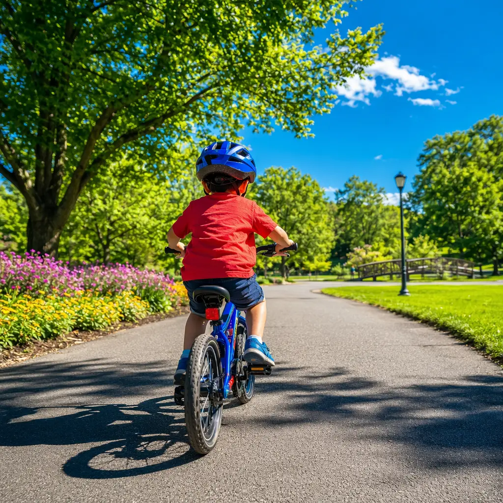 A small children’s bike being ridden along a sunny park path, showing a safe, upright riding position.