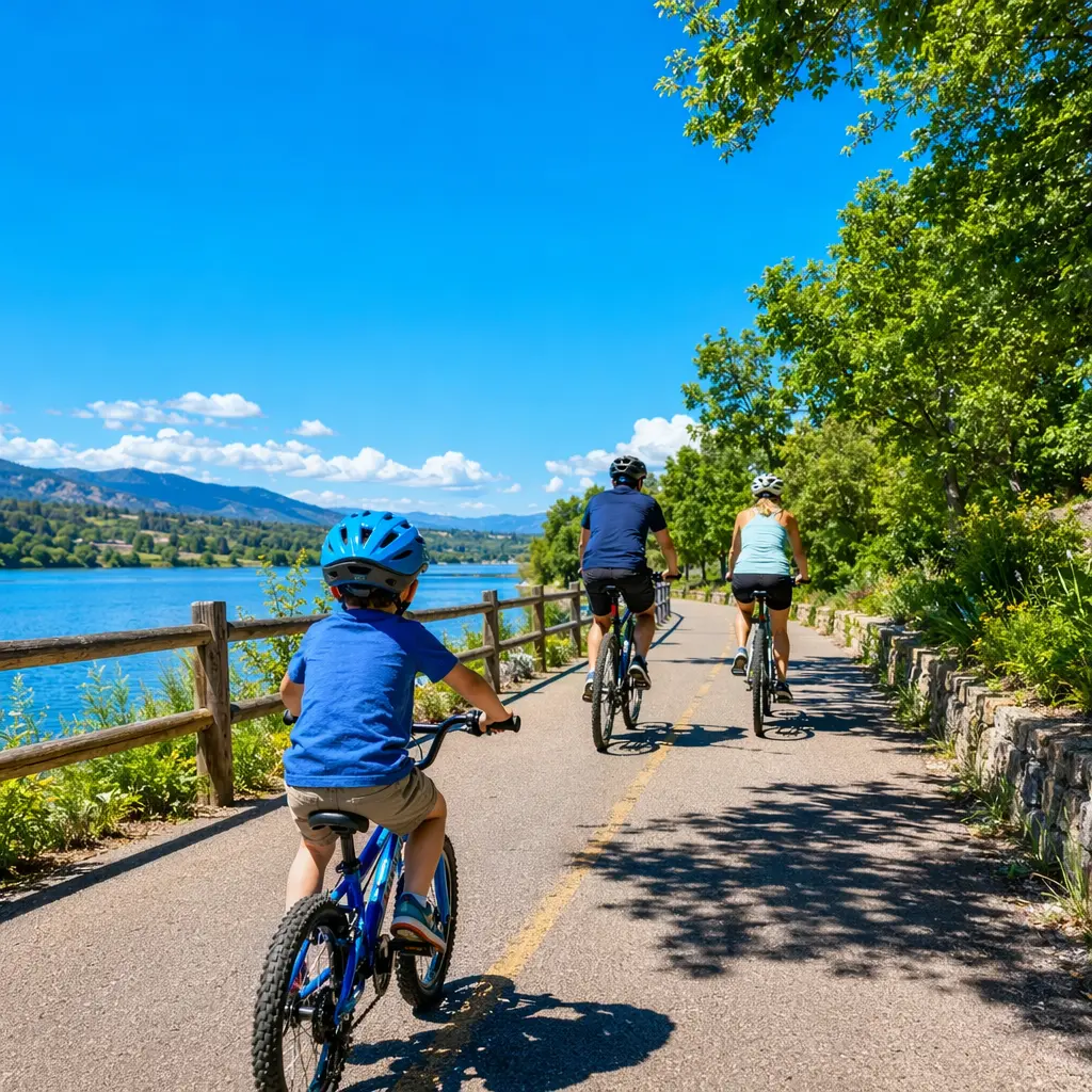 Child cycling away on a sunny path, highlighting practical everyday riding conditions