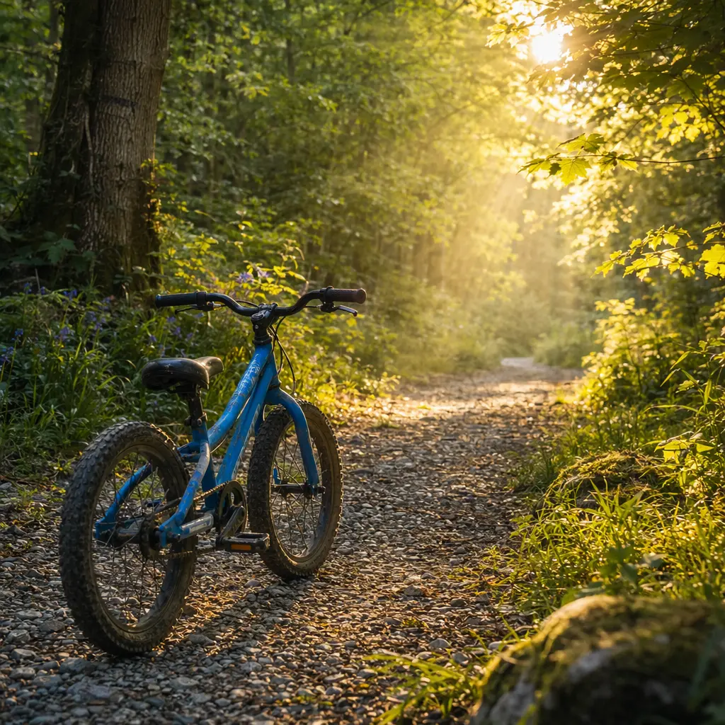 Kids’ bike on a woodland track in warm morning light, suggesting mixed-surface durability