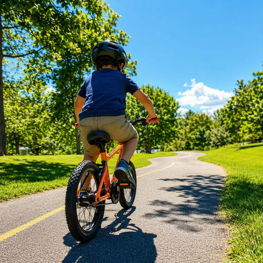Child-sized bike on a sunny park path, showing a balance of lightweight design and everyday toughness