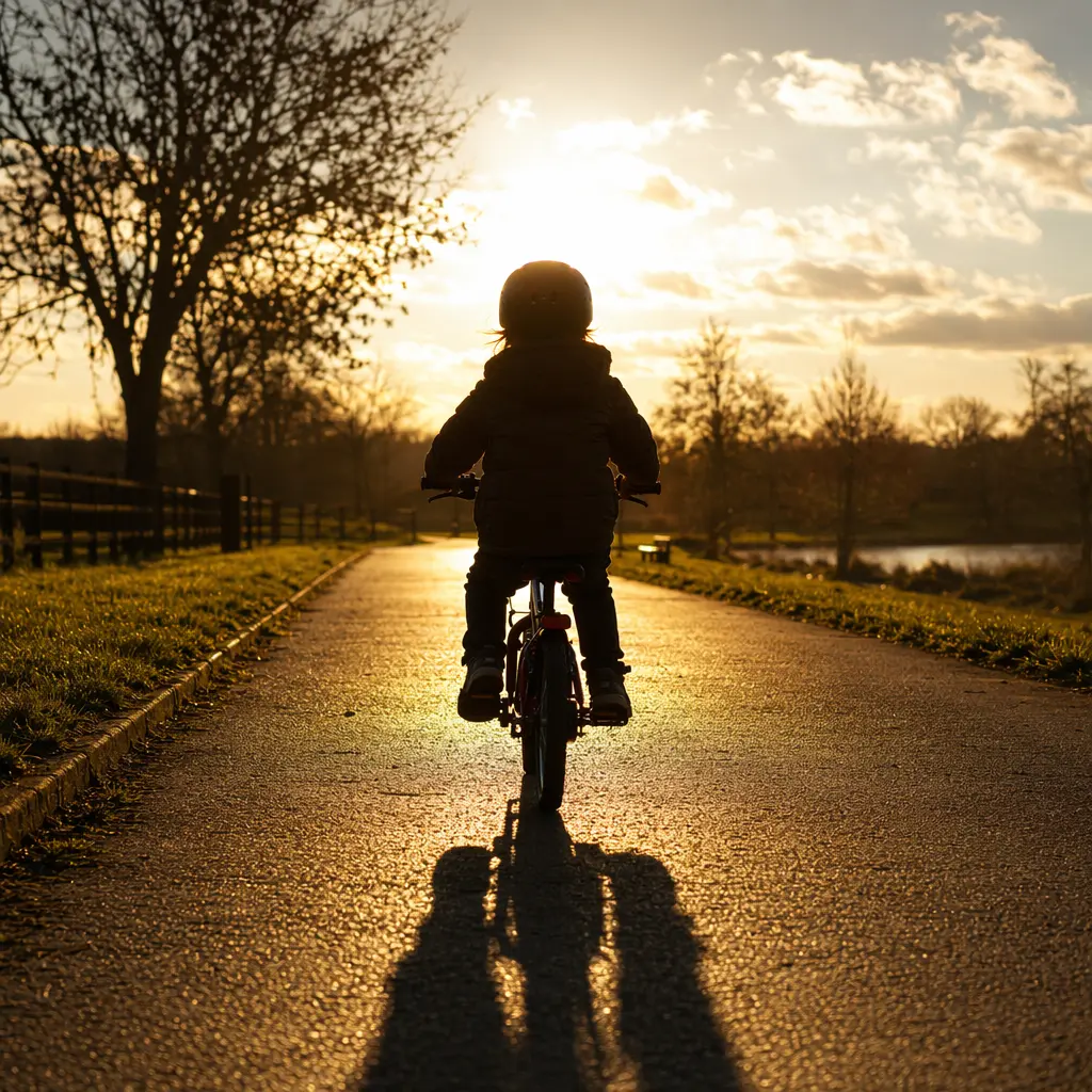 Child riding a small bike along a park path in warm evening light