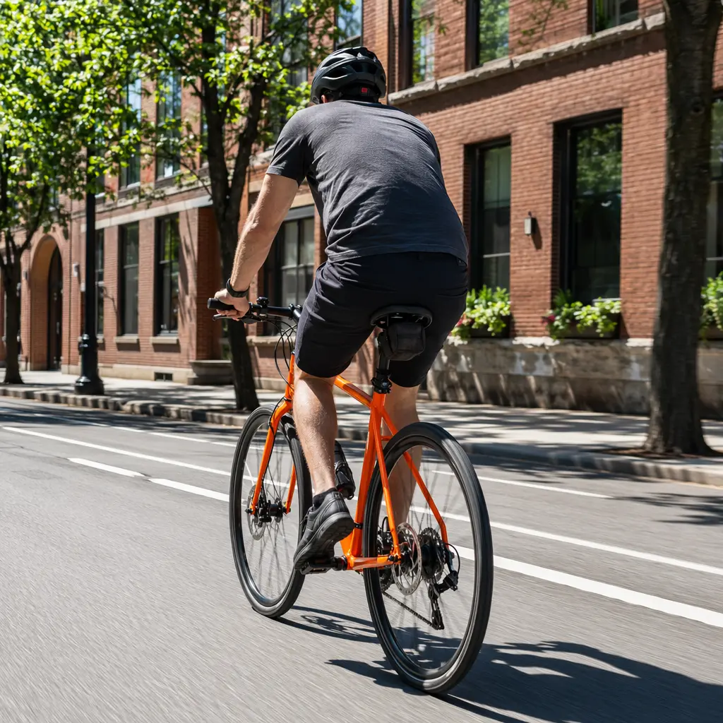 A flat‑bar hybrid bike being ridden through a bright, sunlit city street