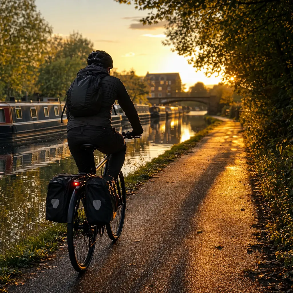 A commuter bike with panniers riding along a canal at golden hour
