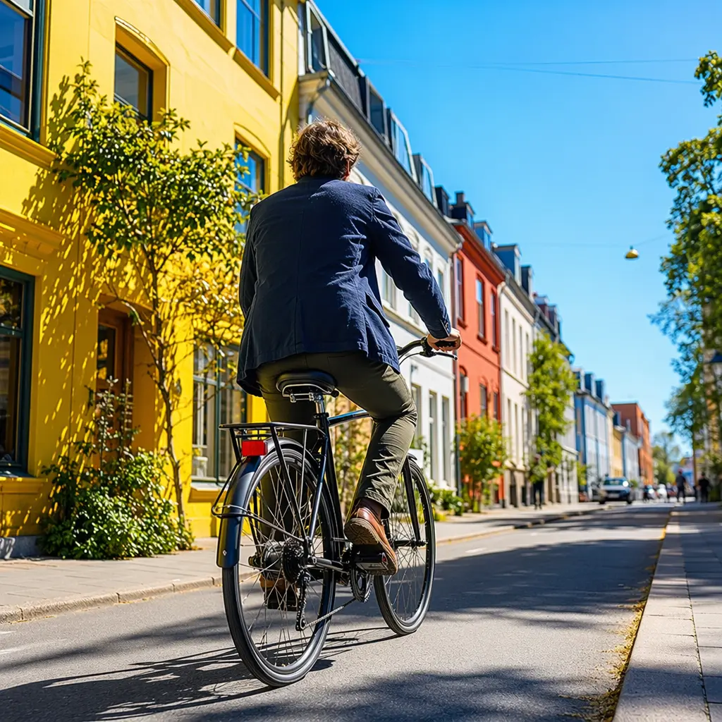A low‑maintenance commuter bike with mudguards and rack on a bright, sunny city street