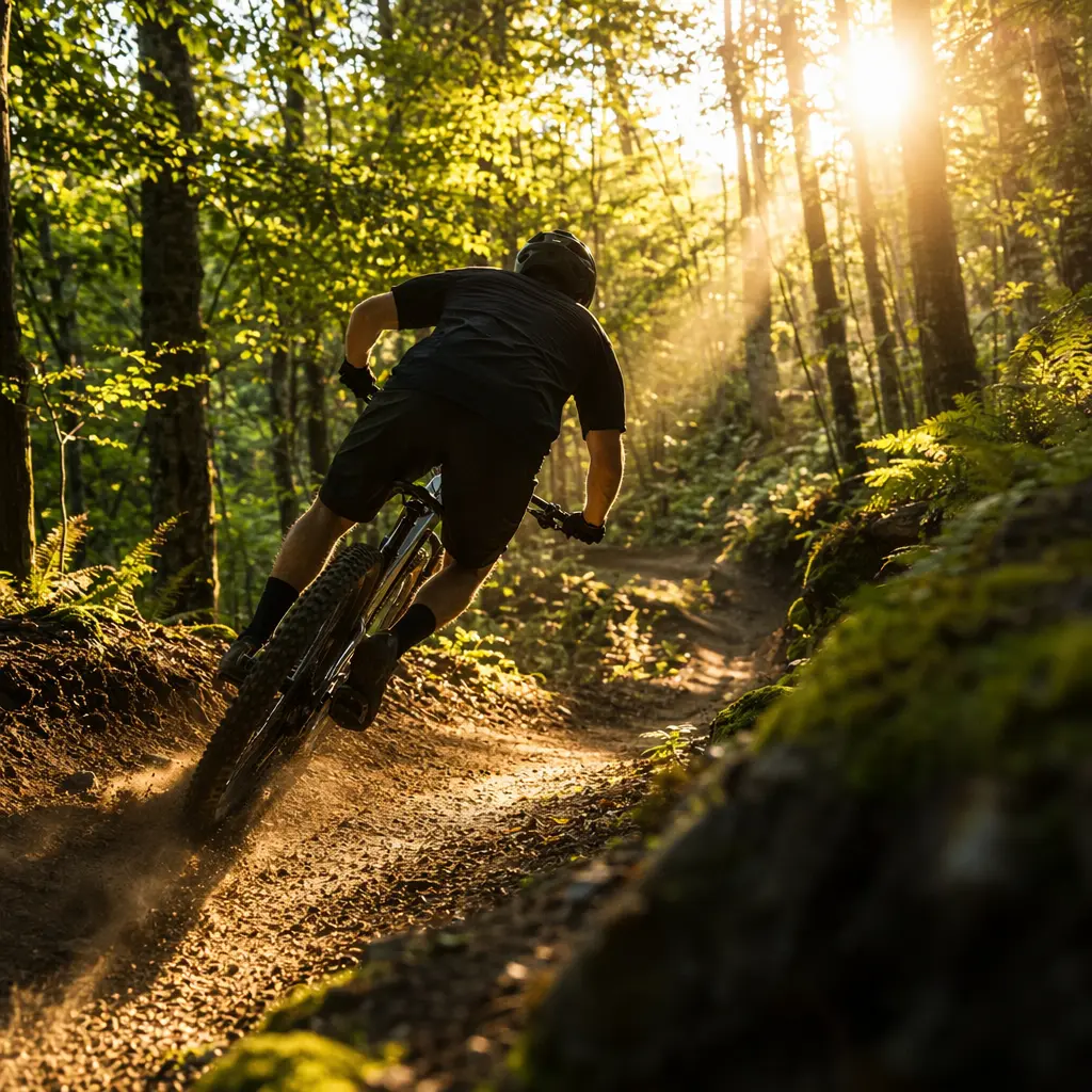 A hardtail mountain bike being ridden confidently on a woodland trail in warm morning sunlight