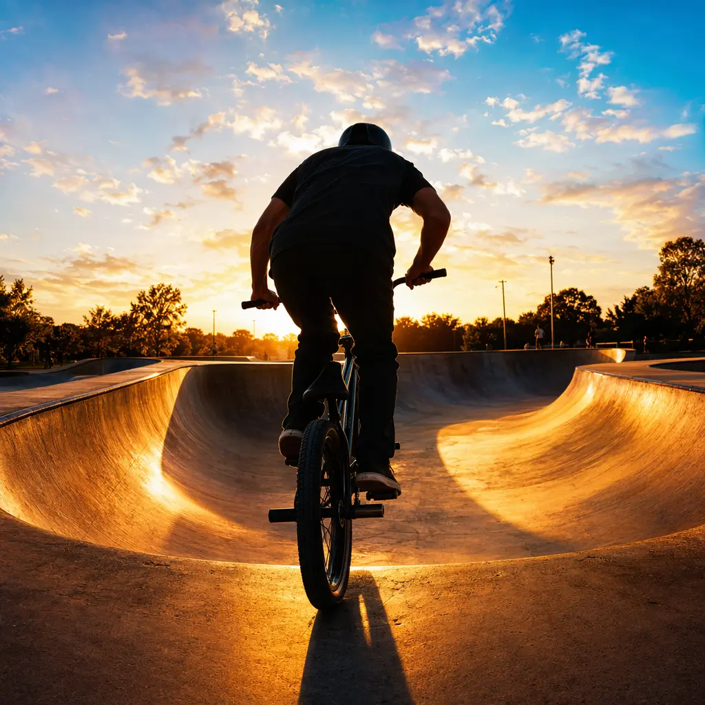 A BMX rider entering a skatepark bowl at golden hour, viewed from behind