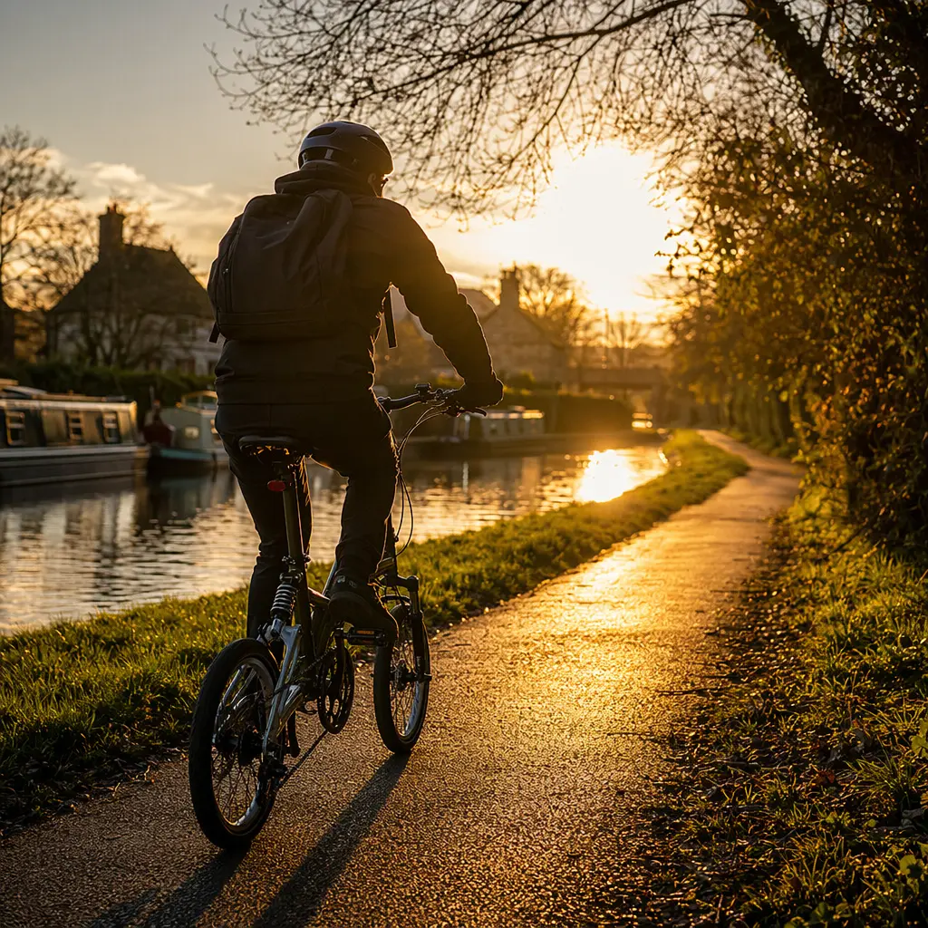 A rider on a small-wheel bicycle with suspension silhouetted at golden hour on a canal towpath.