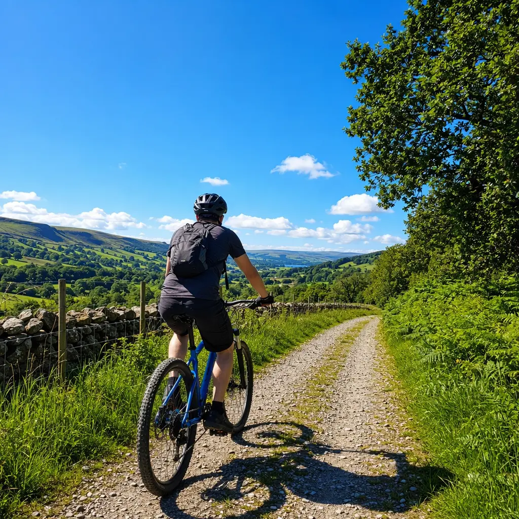 Entry-level mountain bike on a sunny gravel bridleway in the countryside