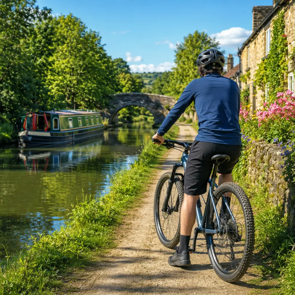 Budget mountain bike on a sunny canal towpath in the UK
