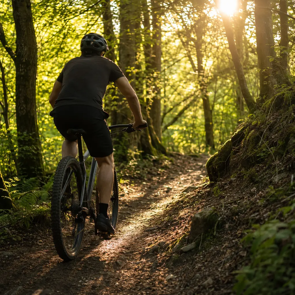 Budget mountain bike riding along a sunlit woodland trail in the UK