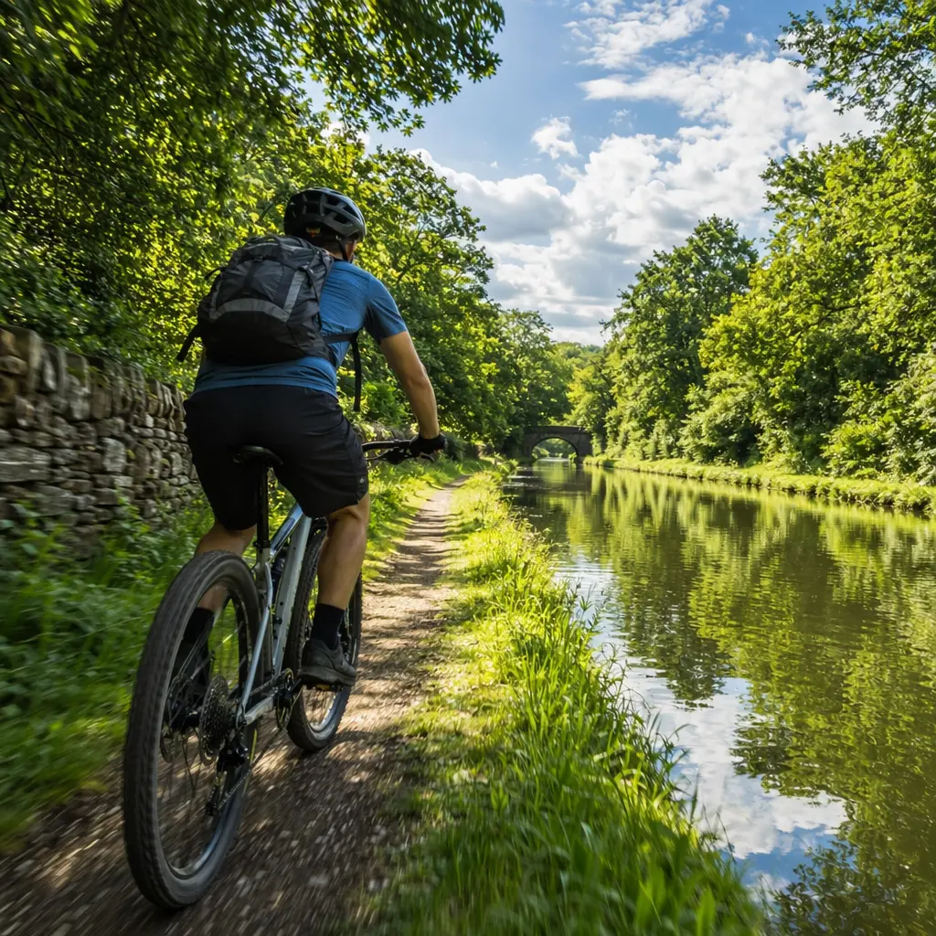 A beginner mountain bike being ridden along a canal towpath in bright daylight