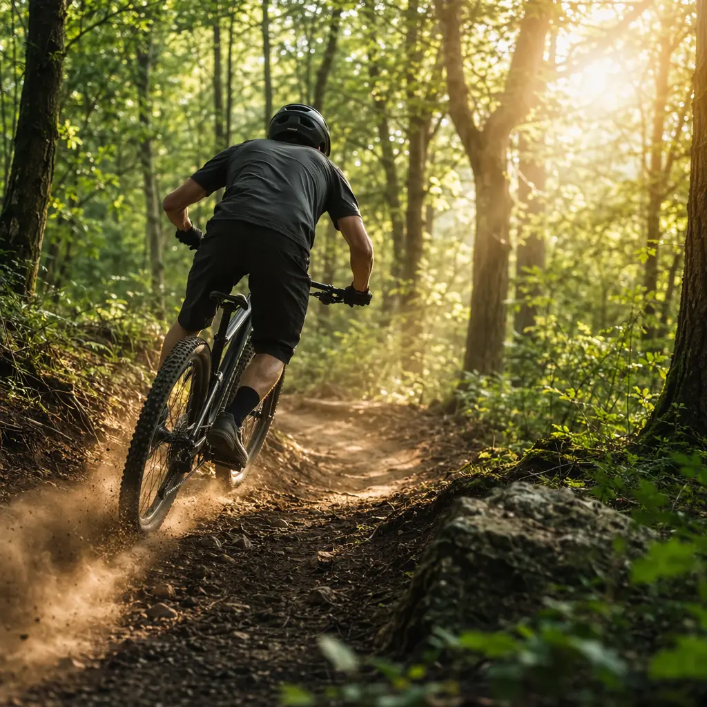 A budget hardtail mountain bike riding a woodland trail in warm morning sunlight