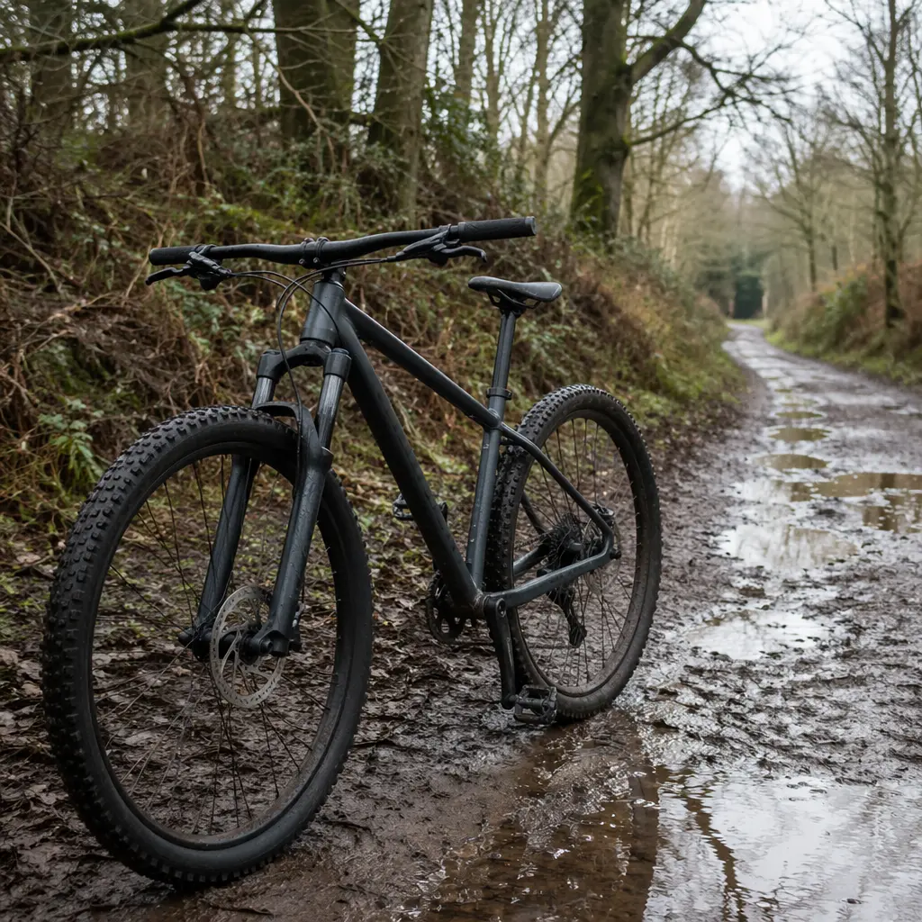Hardtail mountain bike on a muddy UK bridleway
