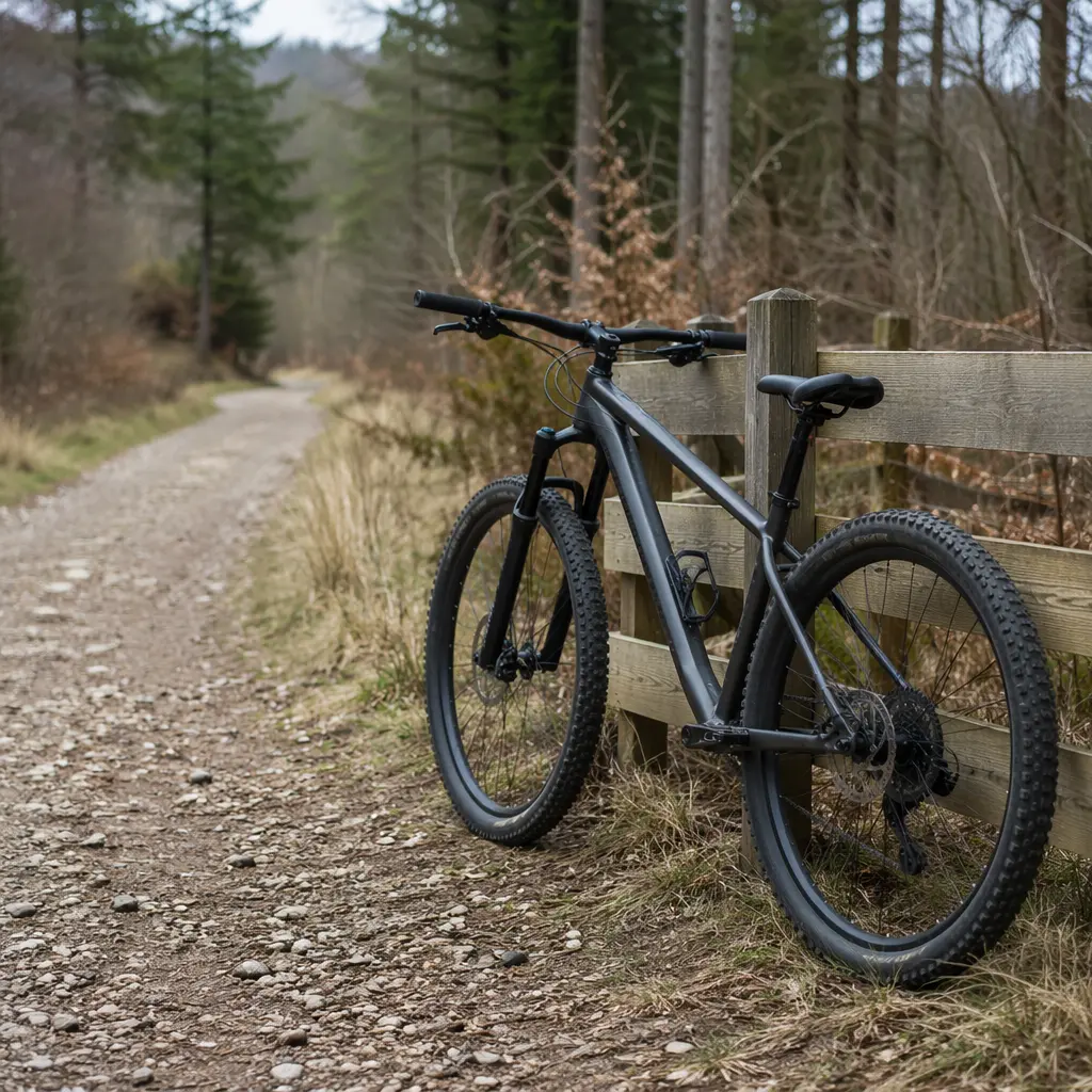 Budget mountain bike by a UK forest gravel track