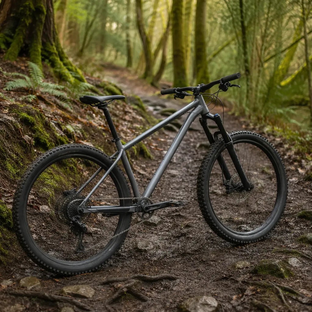 Budget hardtail mountain bike on a wooded UK trail