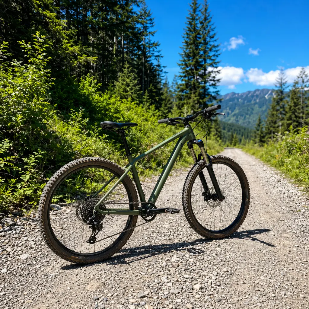 Hardtail mountain bike on a bright forest gravel road under blue skies