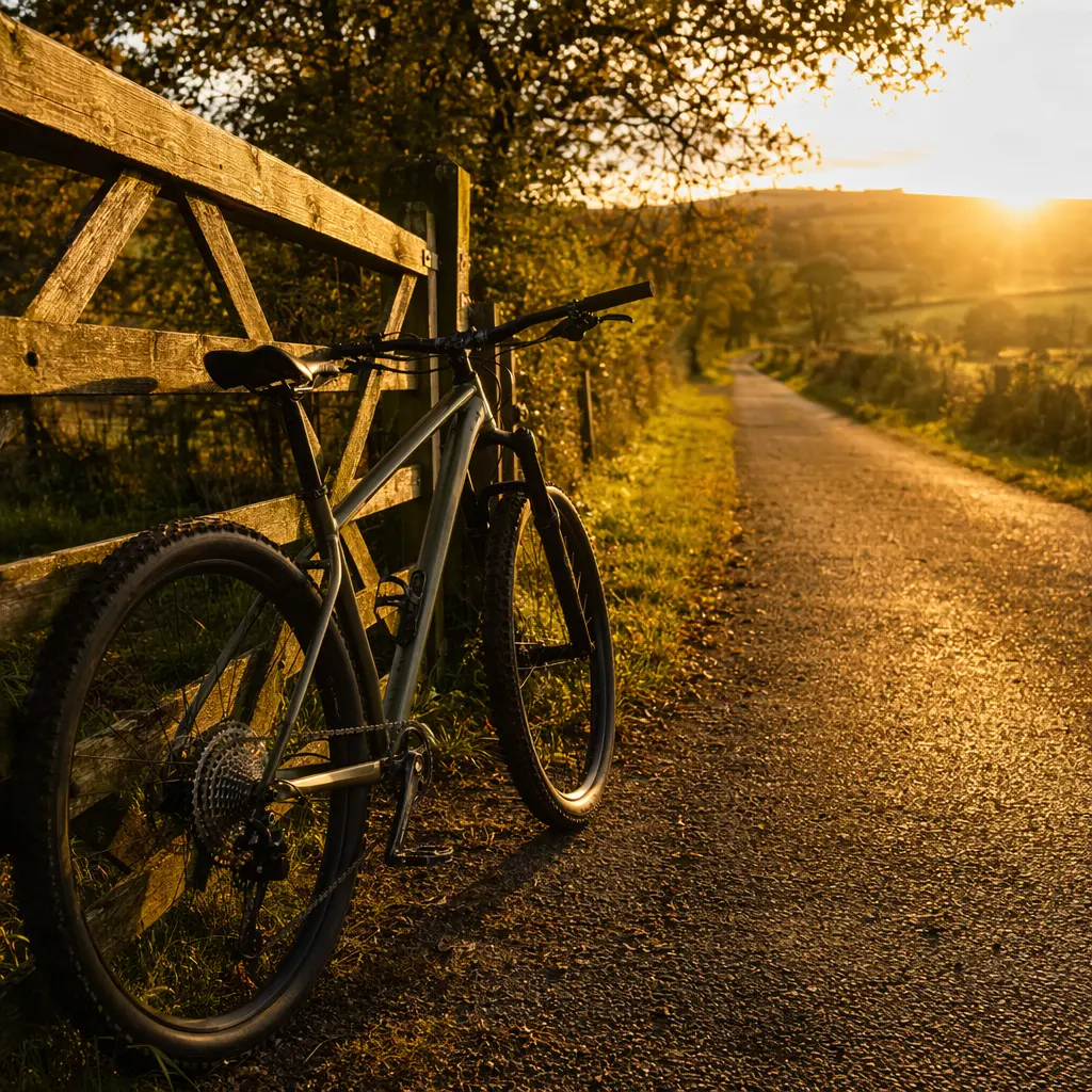 Entry-level hardtail mountain bike on a golden-hour bridleway