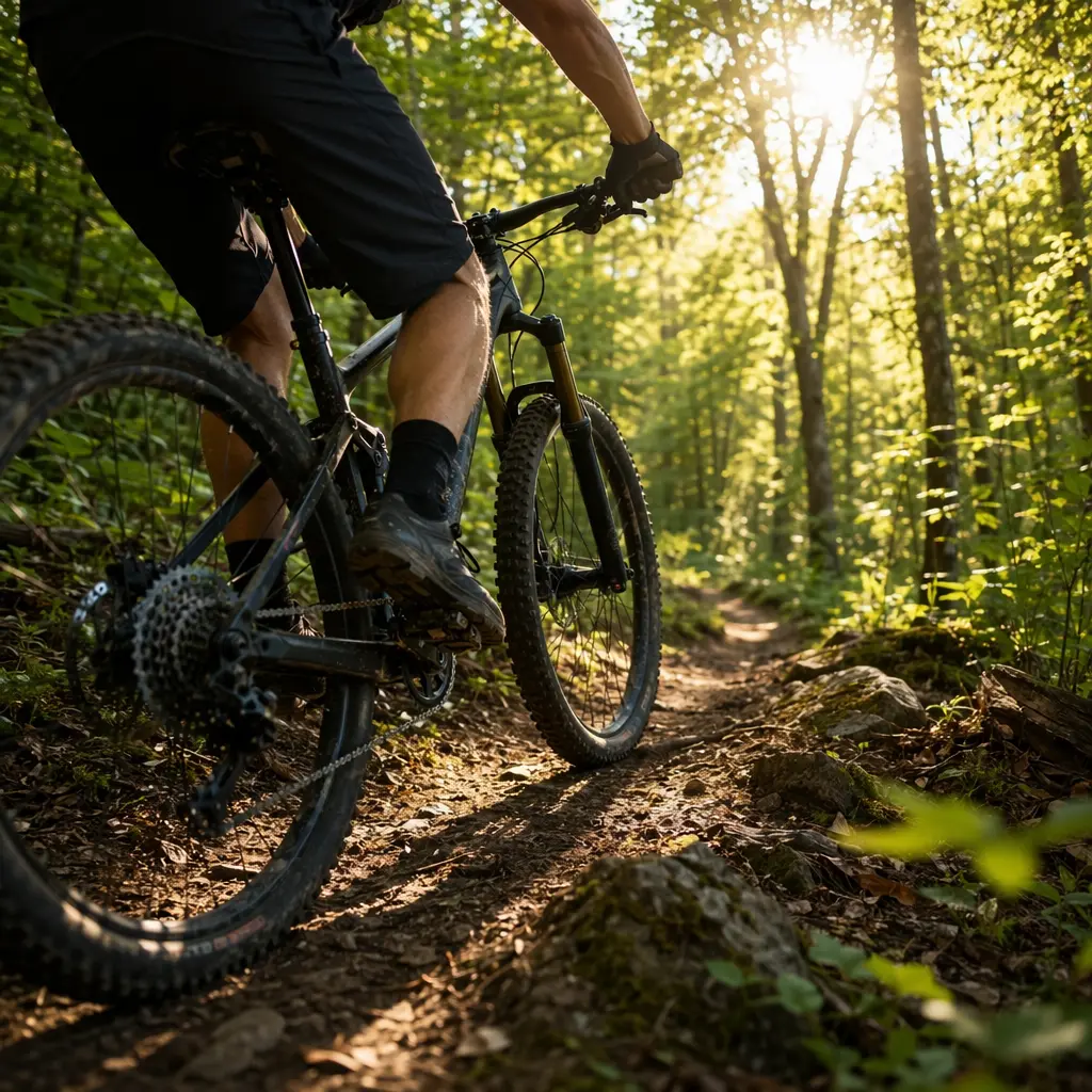 Budget mountain bike on a sunlit forest trail suitable for light off-road riding