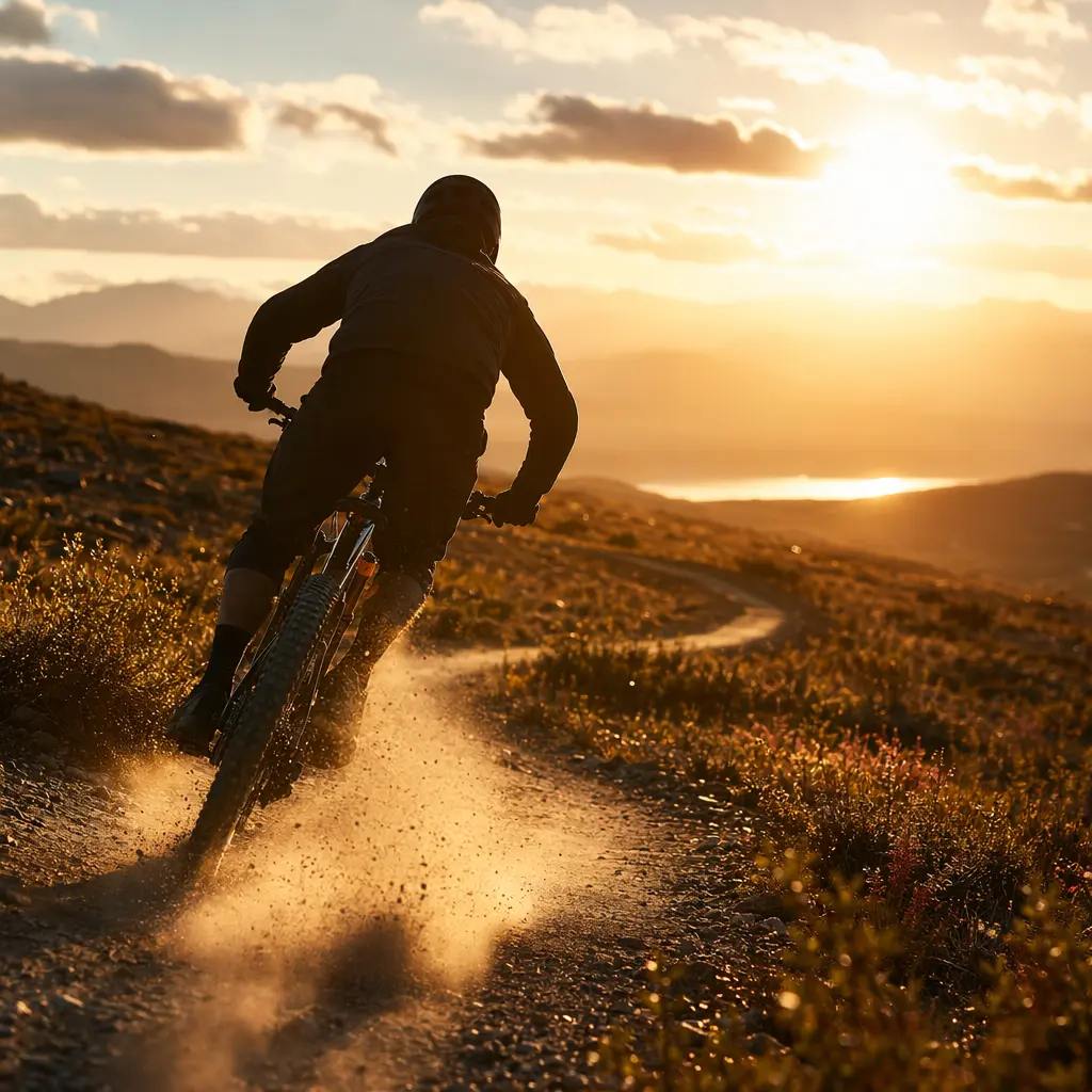 Entry-level mountain bike on a sunlit trail centre descent