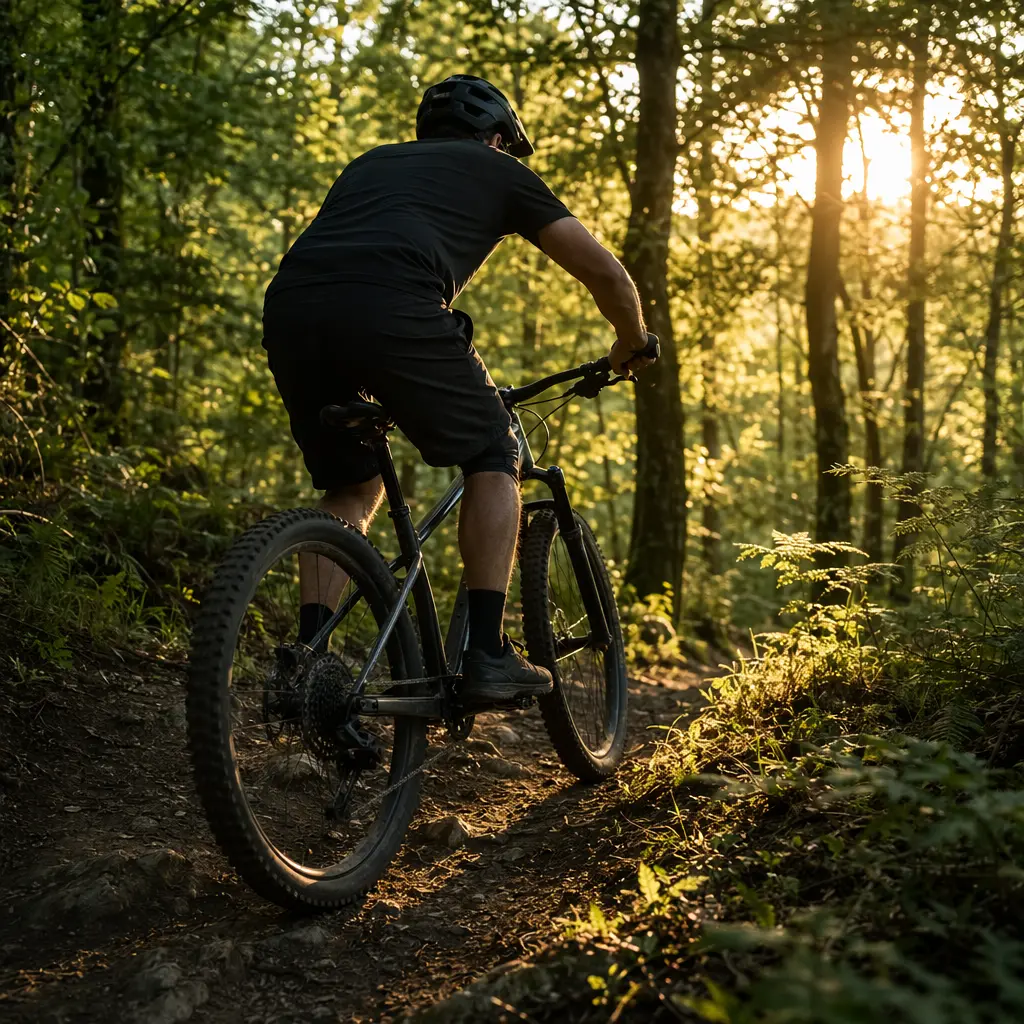 Budget hardtail mountain bike on a sunlit UK woodland trail