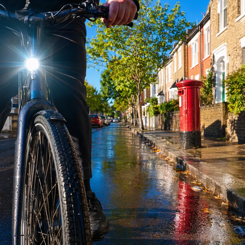 Close-up of a bike wheel and bright front light on a sunny winter street