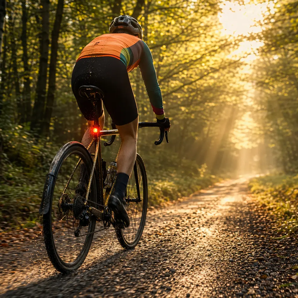 Cyclist riding through sunlit woodland with visible rear light on a winter morning
