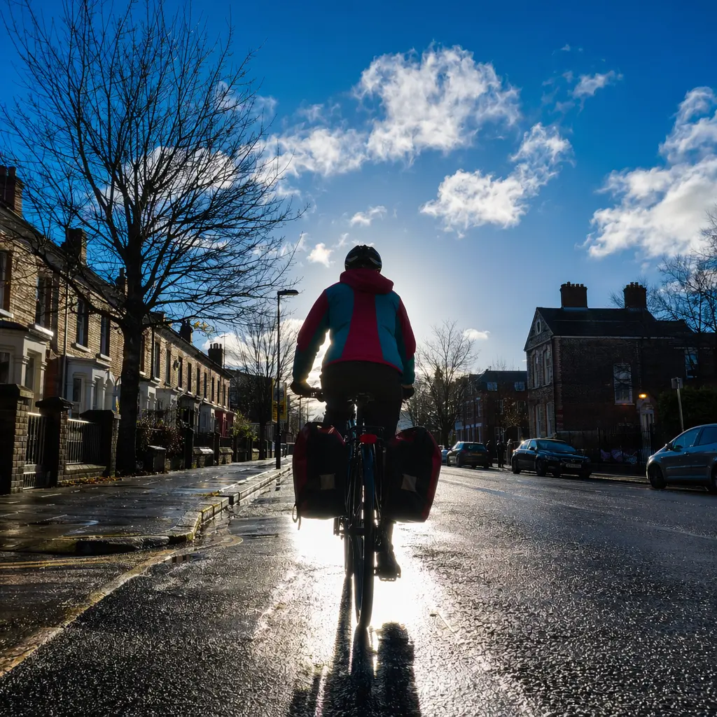 Silhouetted cyclist riding on a bright winter day with strong backlight and reflective wet road