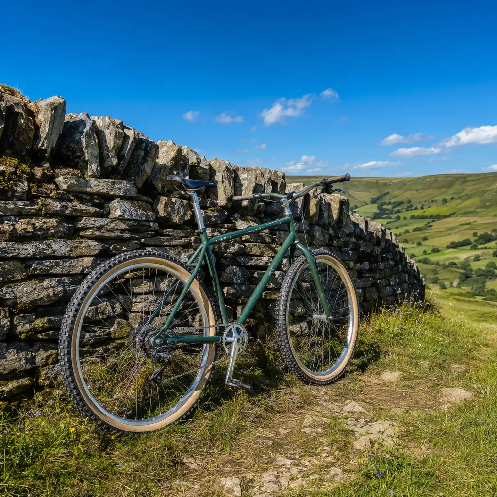 Classic steel hardtail mountain bike on a sunlit British hillside