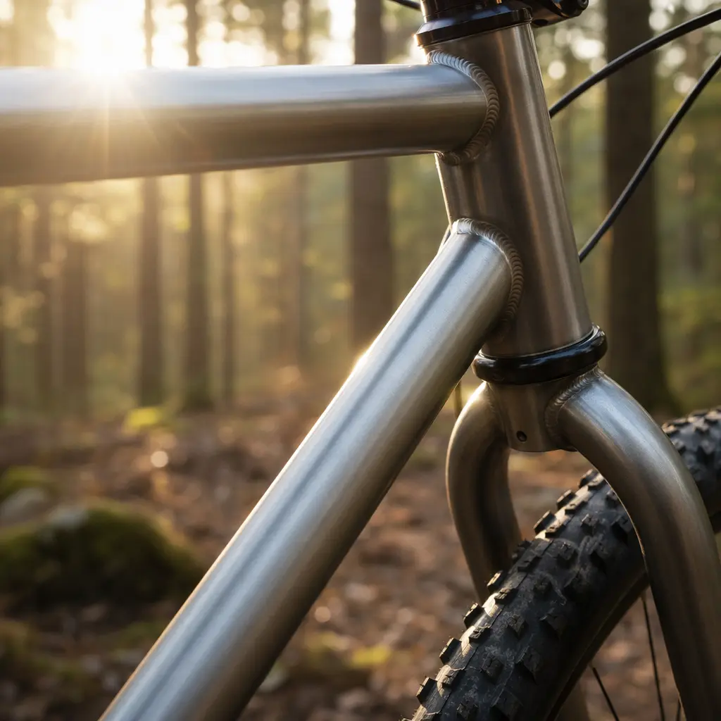 Close-up of steel hardtail mountain bike frame in woodland light