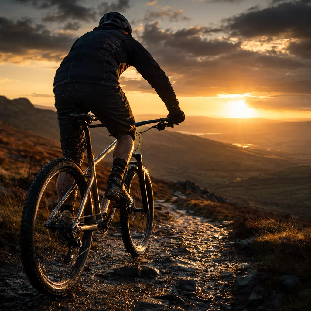Steel hardtail mountain bike on a British moorland trail at golden hour