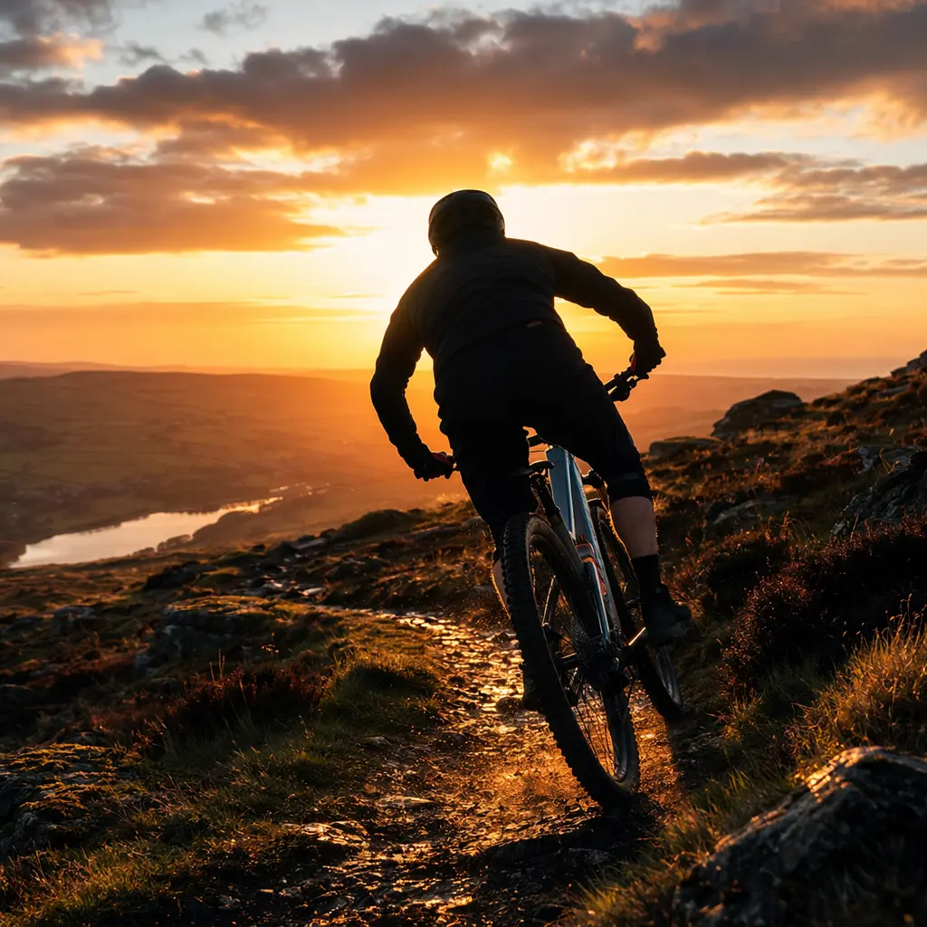 Silhouetted rider on a British trail bike at golden hour on moorland singletrack