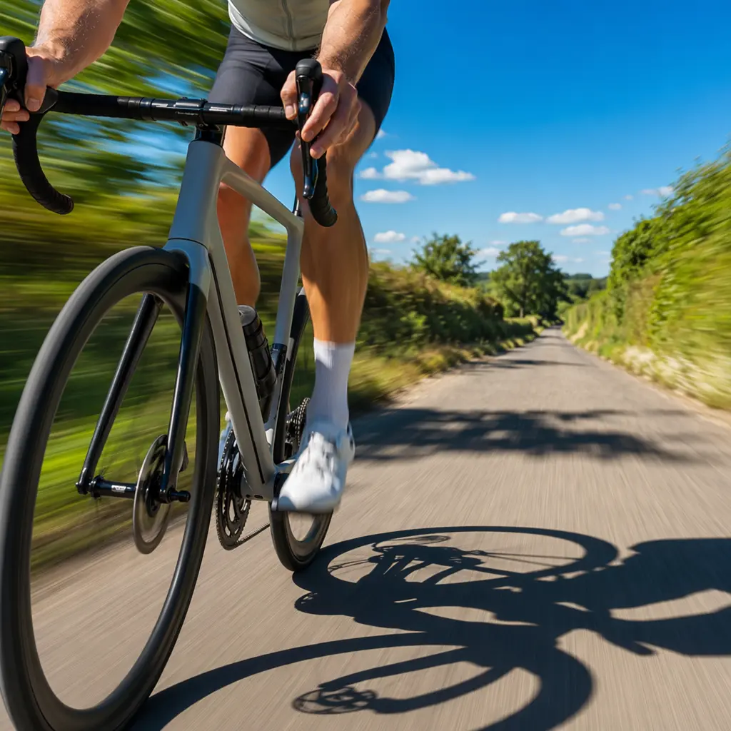 A minimalist e‑road bike rolling along a sunlit country lane under a bright blue sky.