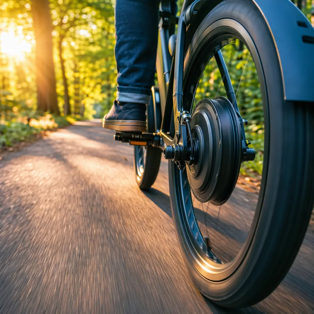 Close‑up of a rear wheel hub motor gliding through sunlit woodland tarmac.