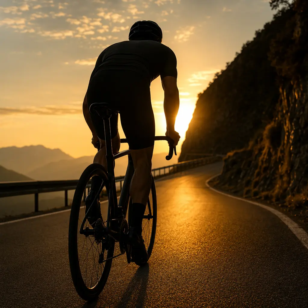 A rider silhouetted at golden hour climbing on a sleek, understated e‑road bike.