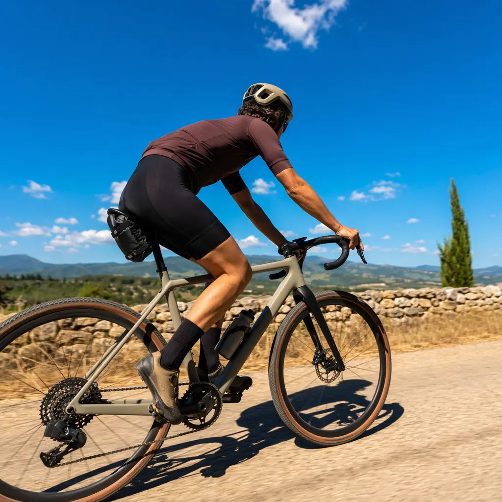 Side view of a sleek gravel bike on a sunny country lane under a blue sky