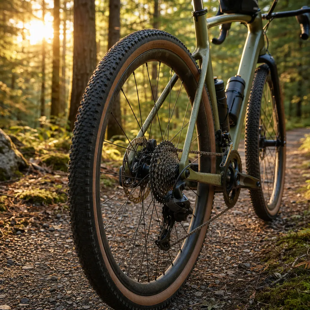 Close-up of wide gravel tyres and frame on a woodland trail in warm morning light