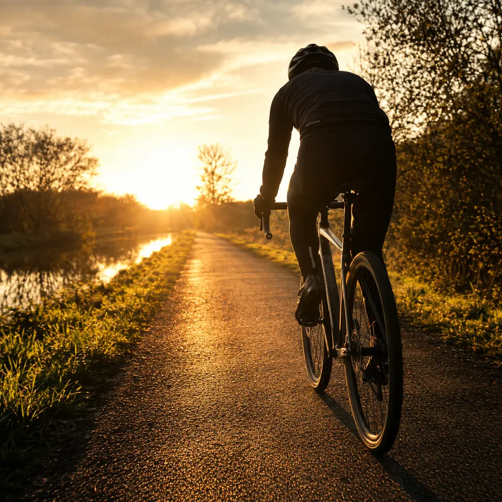 A rider silhouette on a modern gravel bike riding a sunlit canal towpath at golden hour